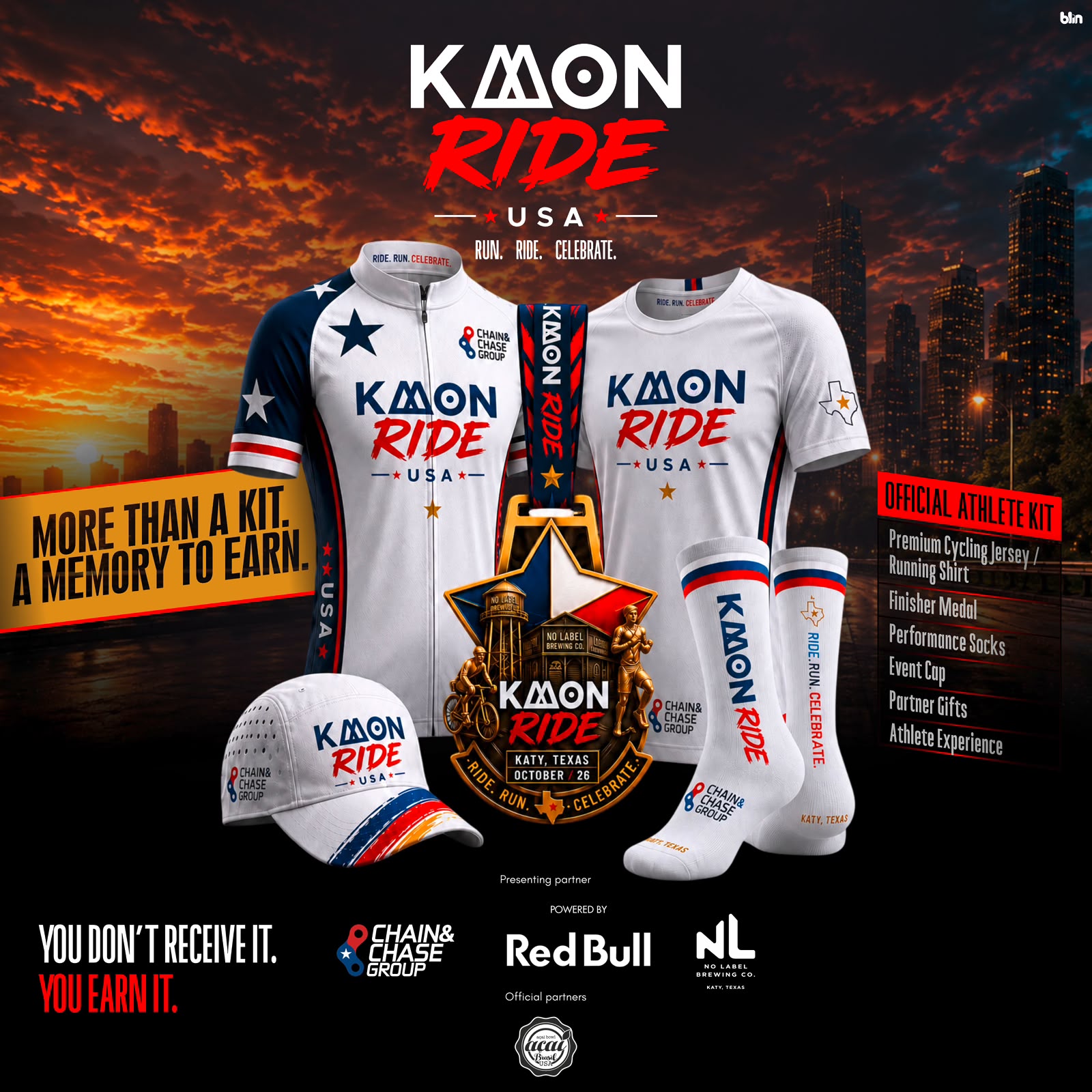Official KMON Ride USA athlete kit with cycling jersey, running shirt, event cap, performance socks and finisher medal