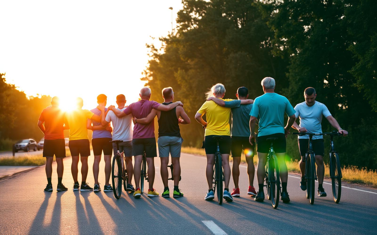 Local running and cycling club members standing together on a road