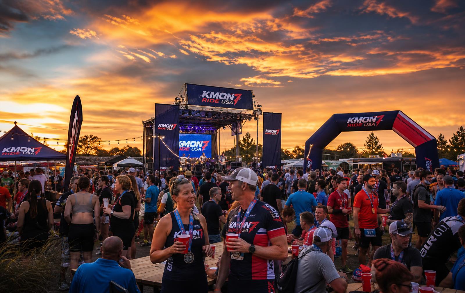 Post-race festival crowd celebrating at golden hour