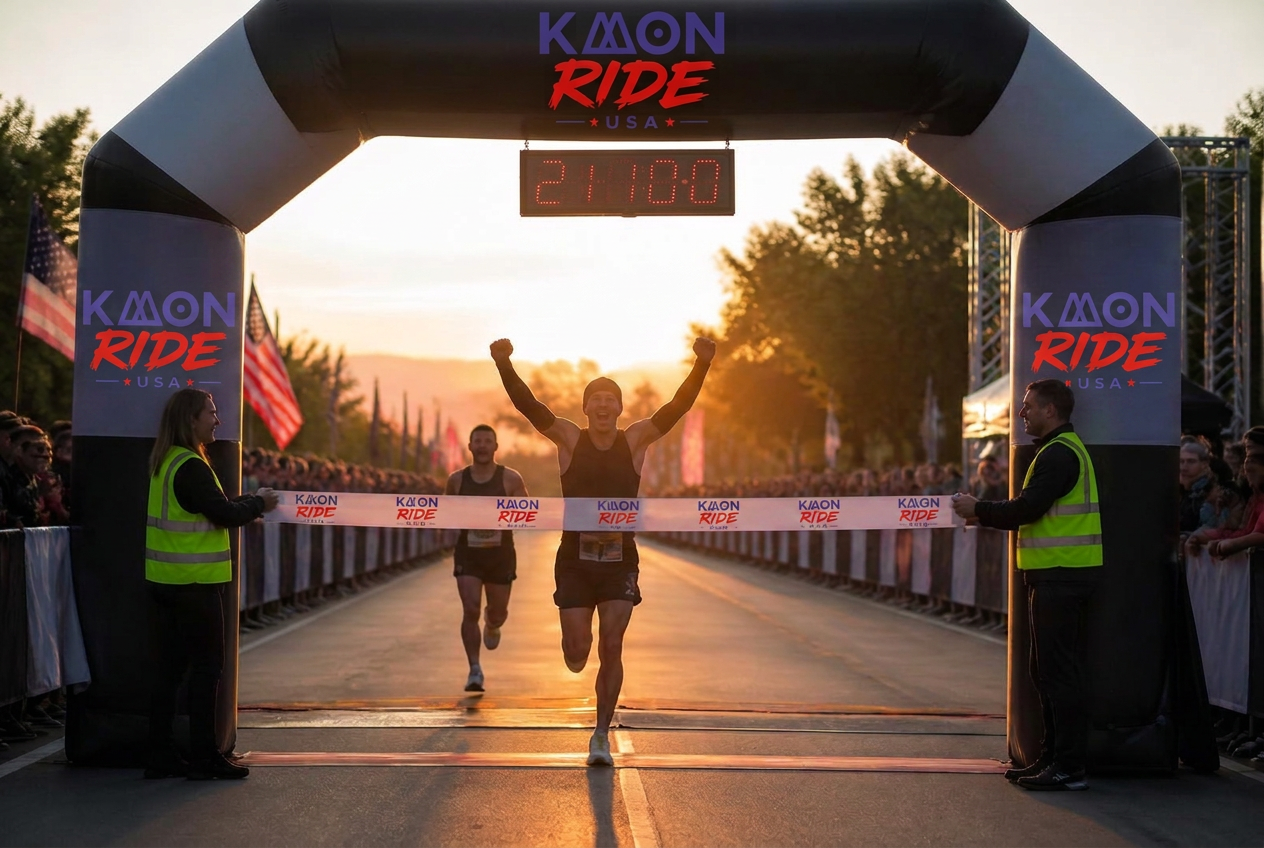 Runners crossing a professional finish line at sunset with a digital timer and crowd barriers