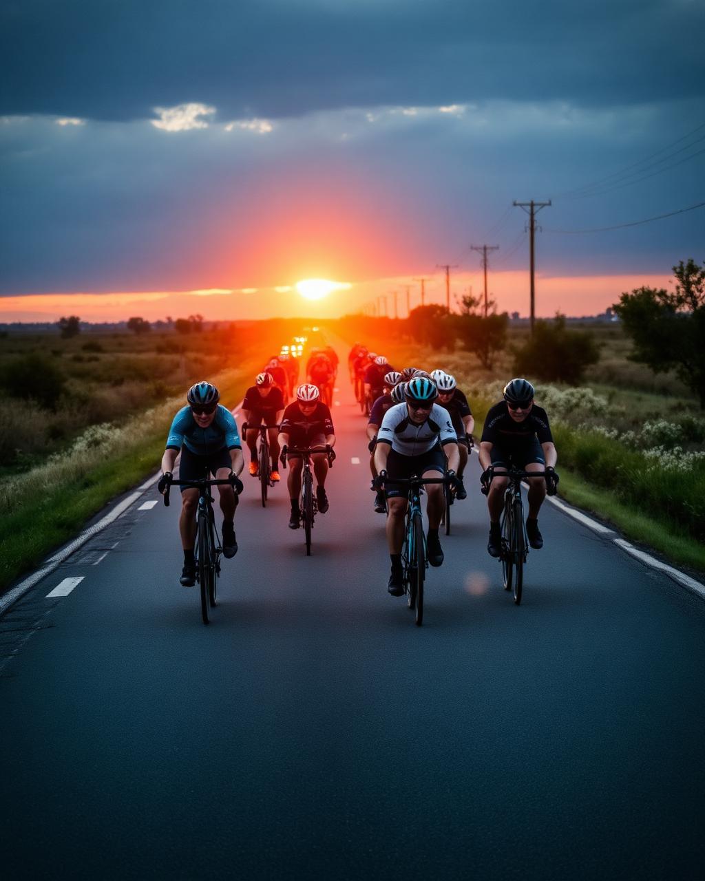 Group of road cyclists riding in a paceline on a rural road
