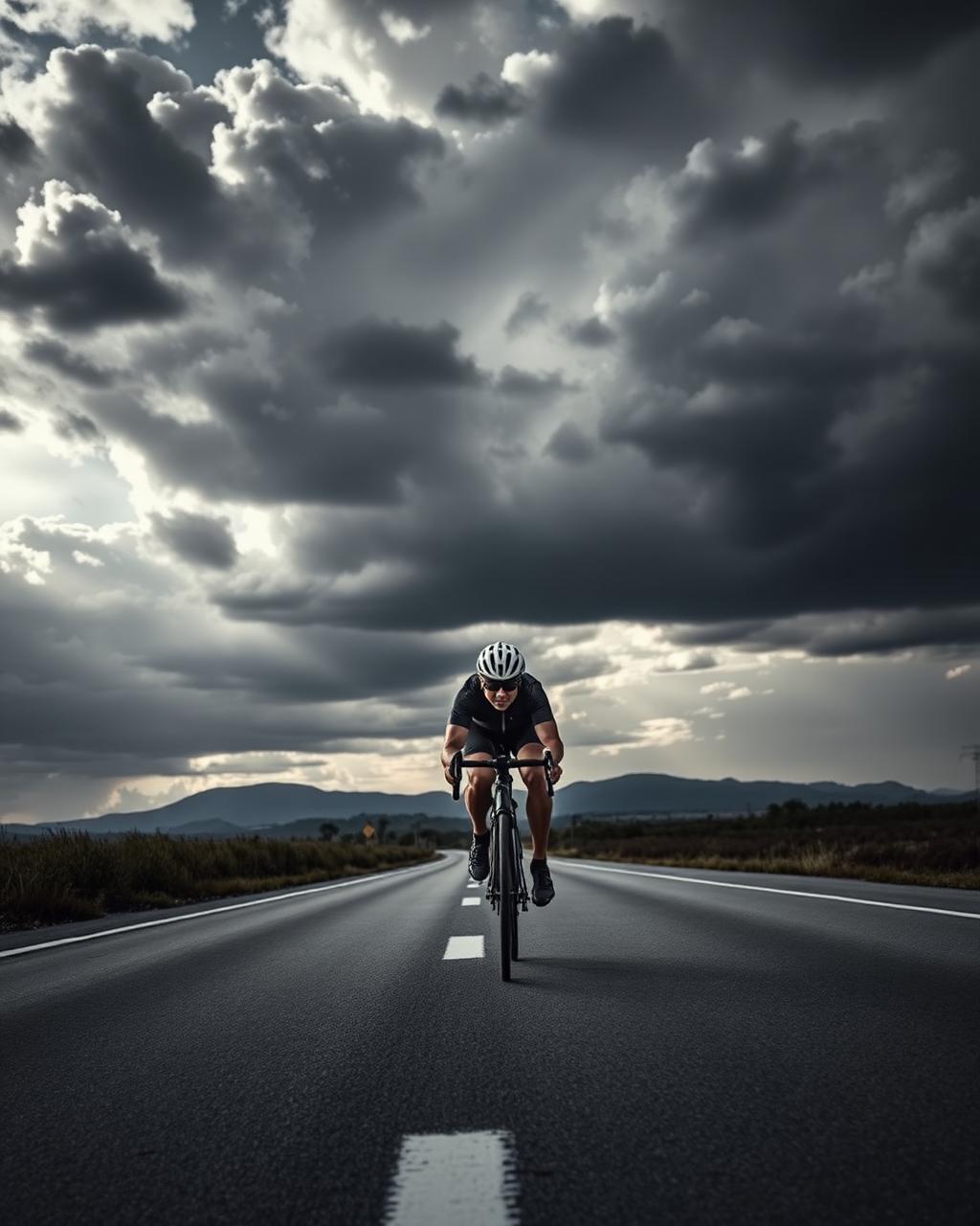 Road cyclist riding hard on an open highway under a dramatic sky